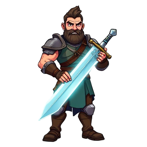 "a heroic warrior standing tall, gripping a gleaming sword with both hands. he's dressed in battle-worn armor, his face determined and scarred, set against a dramatic sky. the sword radiates a faint m