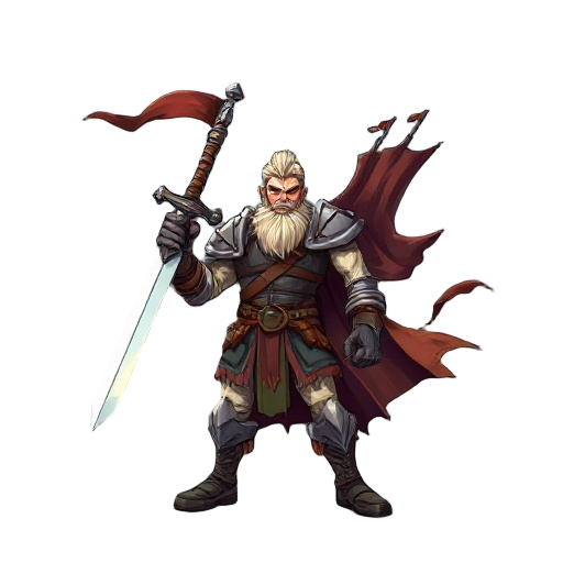 a strong warrior stands in an a-pose, legs apart, gripping a glowing whit long sword in his right hand. his battle-worn armor shines under a stormy sky, with torn banners fluttering in the fierce wind