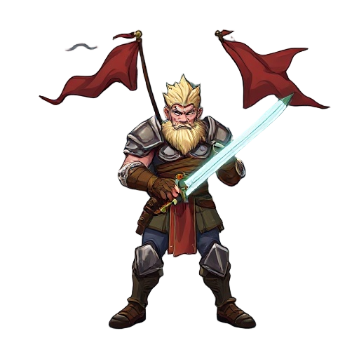 a strong warrior stands in an a-pose, legs apart, gripping a glowing whit long sword in his right hand. his battle-worn armor shines under a stormy sky, with torn banners fluttering in the fierce wind