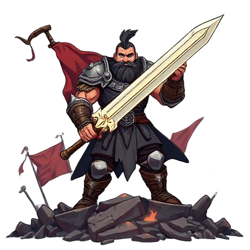 a powerful warrior stands atop a ruined battlefield, gripping a glowing brave long sword firmly in his right hand. his armor is battered, his gaze fierce, with a stormy sky and torn banners behind him