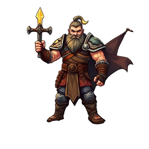 a powerful warrior stands atop a ruined battlefield, gripping a glowing sword firmly in his right hand. his armor is battered, his gaze fierce, with a stormy sky and torn banners behind him