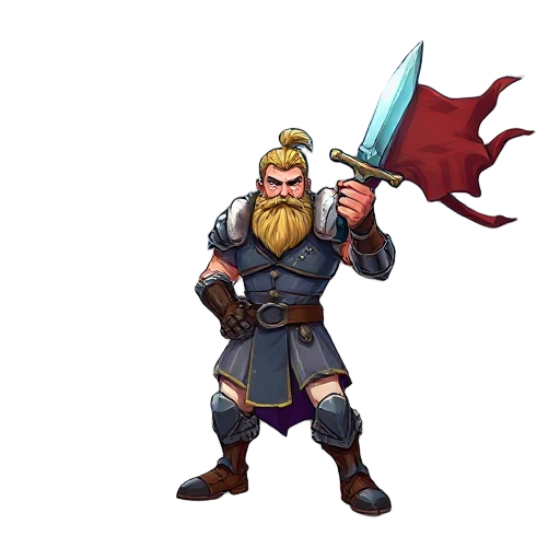 a strong warrior stands in an a-pose, legs apart, gripping a glowing sword in his right hand. his battle-worn armor shines under a stormy sky, with torn banners fluttering in the fierce wind