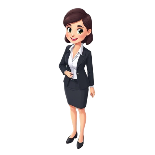 an isometric view of a female office worker character, standing in a relaxed pose, wearing formal office attire (blazer, skirt or trousers, blouse), with a pleasant facial expression. short or tied-ba