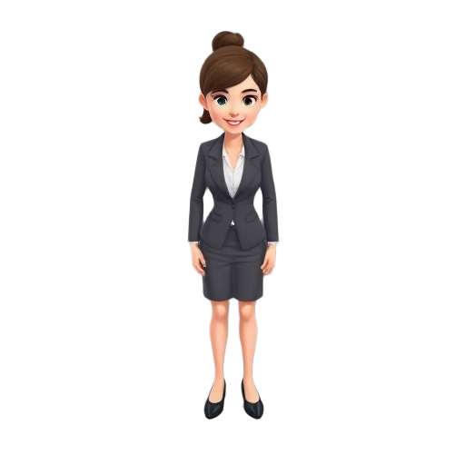 an isometric view of a female office worker character, standing in a relaxed pose, wearing formal office attire (blazer, skirt or trousers, blouse), with a pleasant facial expression. short or tied-ba