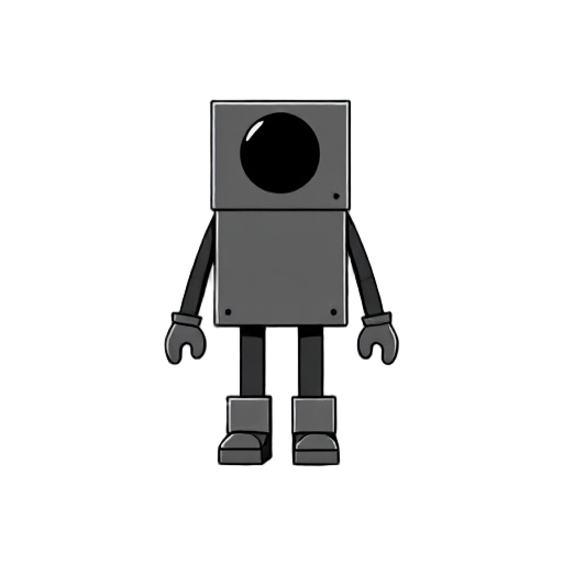 make a simple box character using only the colors black and white, use hands as boxes, feet as boxes and a circular head. 