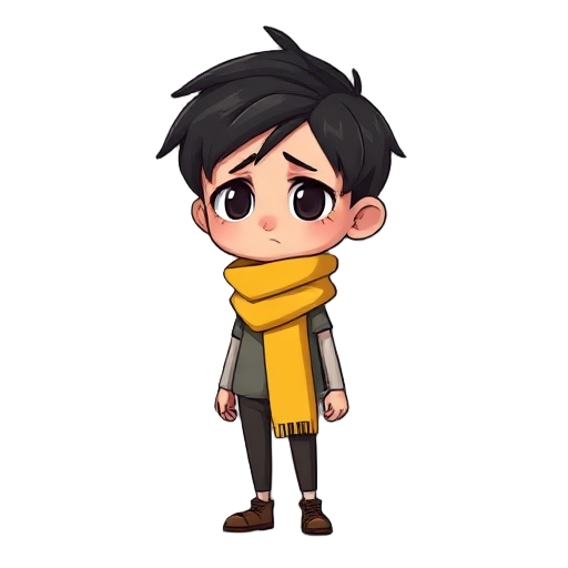 sad kid with yellow scarf and black hair, slim body 