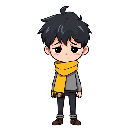 sad kid with yellow scarf and black hair, slim body, pixel 