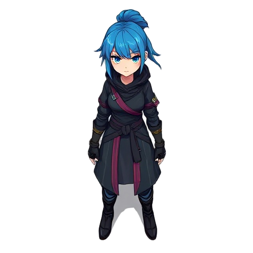 cyber female monk assassin with blue hairs