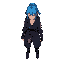 cyber female monk assassin with blue hairs perspective from above