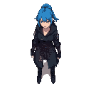 cyber female monk assassin with blue hairs perspective from above