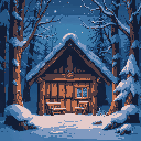 woodshed in a snowy night forest