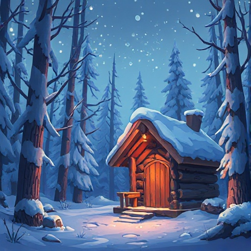 woodshed in a snowy night forest