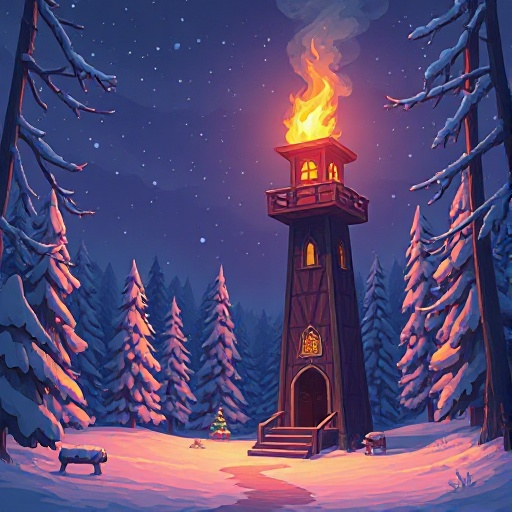 a fire tower in a snowy night forest