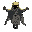 a masked, floating figure with a cracked golden visor  draped in shadowed cloth that flows downward endlessly  arms outstretched — not in rage, but in a beckoning gesture