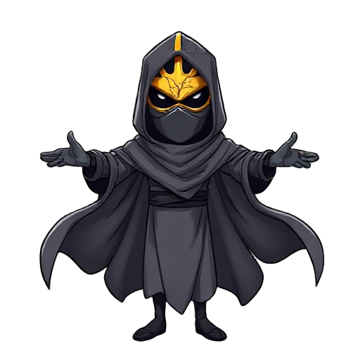 a masked, floating figure with a cracked golden visor  draped in shadowed cloth that flows downward endlessly  arms outstretched — not in rage, but in a beckoning gesture