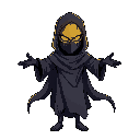 a masked, floating figure with a cracked golden visor  draped in shadowed cloth that flows downward endlessly  arms outstretched — not in rage, but in a beckoning gesture