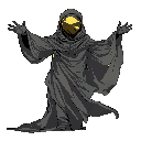 a masked, floating figure with a cracked golden visor  draped in shadowed cloth that flows downward endlessly  arms outstretched — not in rage, but in a beckoning gesture