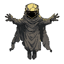 a masked, floating figure with a cracked golden visor  draped in shadowed cloth that flows downward endlessly  arms outstretched — not in rage, but in a beckoning gesture