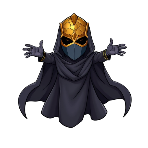 a masked, floating figure with a cracked golden visor  draped in shadowed cloth that flows downward endlessly  arms outstretched — not in rage, but in a beckoning gesture