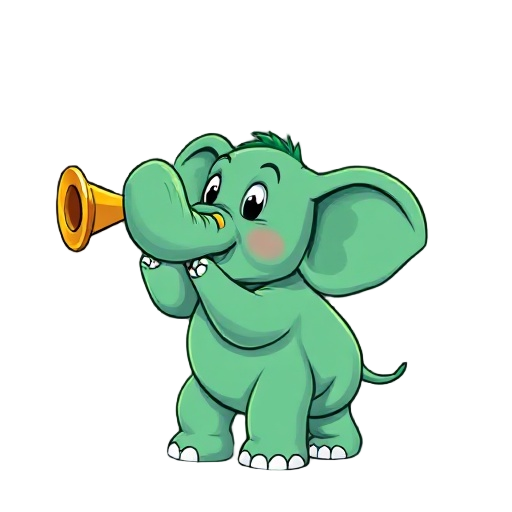 green elephant playing trumpet