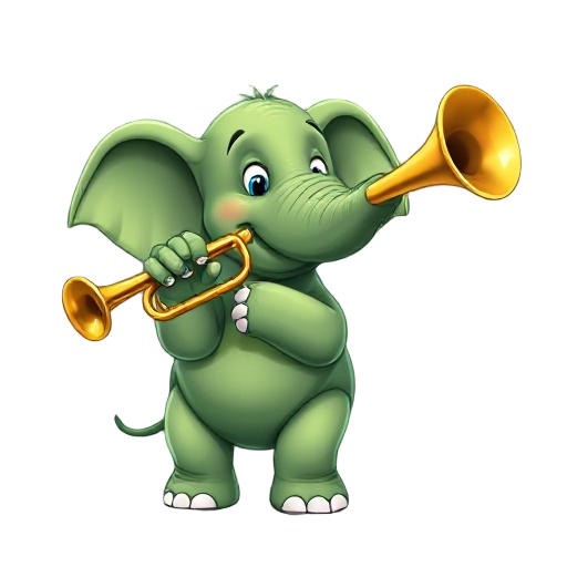 a green elephant playing a trumpet, highly detailed skin texture, realistic elephant anatomy, gleaming brass trumpet with reflections, professional musician posture, natural lighting, believable fanta