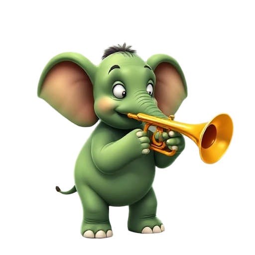a green elephant playing a trumpet, highly detailed skin texture, realistic elephant anatomy, gleaming brass trumpet with reflections, professional musician posture, natural lighting, believable fanta