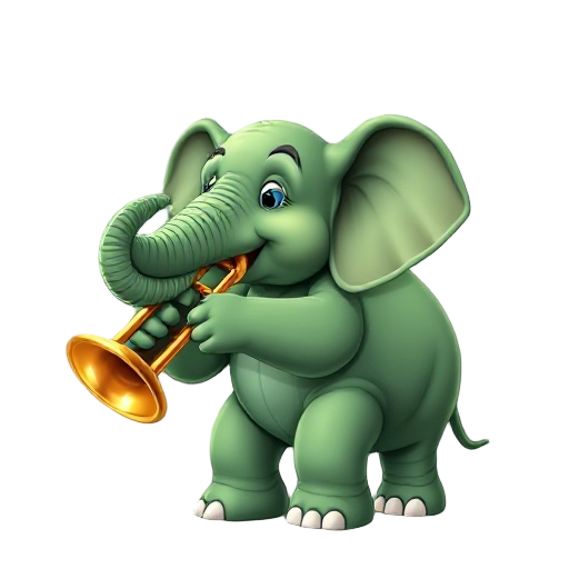 a green elephant playing a trumpet, highly detailed skin texture, realistic elephant anatomy, gleaming brass trumpet with reflections, professional musician posture, natural lighting, believable fanta
