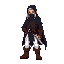 a pixel sprite of a rogue with white hair, dark blue tunic, mask over his mouth and nose, white trousers and big brown boots, knife on his hip and a black cloak