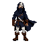 a pixel sprite of a rogue with white hair, dark blue tunic, mask over his mouth and nose, white trousers and big brown boots, knife on his hip and a black cloak