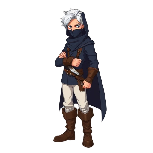 a rogue with white hair, dark blue tunic, mask over his mouth and nose, white trousers and big brown boots, knife on his hip and a black cloak