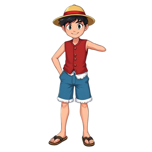 person with black hair, wearing only a completely red button up vest so his arms are exposed, blue knee high shorts with a white fluffy part at the very bottom of each leg, flip flops with a straw coloured base and a black band around the toes, and a circ