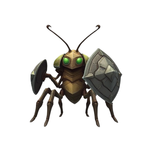 a huge 6 legged insect facing the side. he walks on his 4 legs. the end of the feet is formed like ankers. he got 2 other legs he uses them as hands.  his hands are hold a huge armored halve shields.
