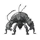 a huge 6 legged insect facing the side. he walks on his 4 legs. the end of the feet is formed like ankers. he got 2 other legs he uses them as hands.  his hands are hold a huge armored halve shields.
