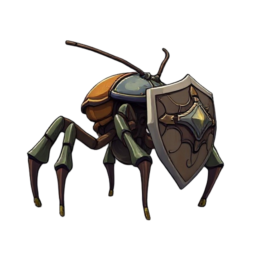 a huge 6 legged insect facing the side. he walks on his 4 legs. the end of the feet is formed like ankers. he got 2 other legs he uses them as hands.  his hands are hold a huge armored halve shields.