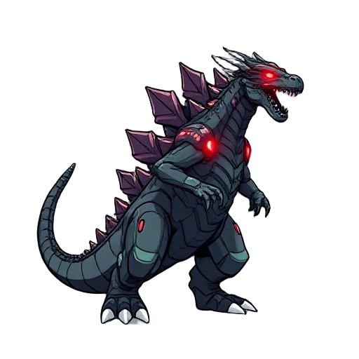 mechagodzilla, mechanical dragon with tail, laser and spines. red lights on the body