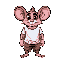 un personaje antropomórfico. es un ratón bípedo con orejas grandes, hocico rosado y colmillos visibles. lleva puesta una camiseta blanca y pantalones cortos marrones.  
