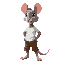 un personaje antropomórfico. es un ratón bípedo, hocico rosado y colmillos visibles. lleva puesta una camiseta blanca y pantalones cortos marrones.