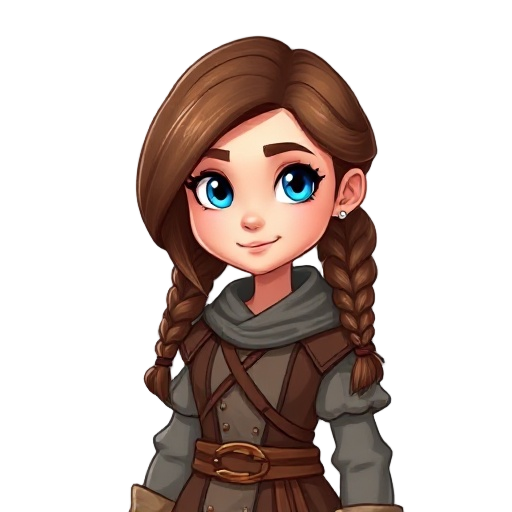 village lady with medieval clothes, brown hair in a side braid and blue eyes