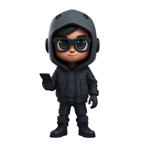 cria em 3d um personagem todo de preto que tenha a aparencia de um hacker