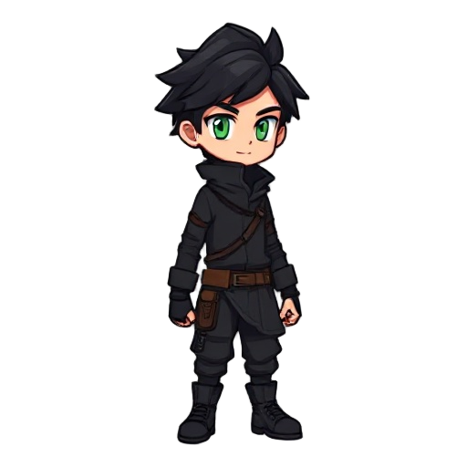 pixel character, male, adventurer, with black clothes, black hair, green eyes,