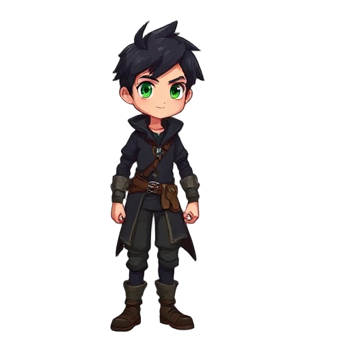 male adventurer with black clothes, black hair, green eyes,