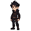 pixel character, male, adventurer, with black clothes, black hair, green eyes,
