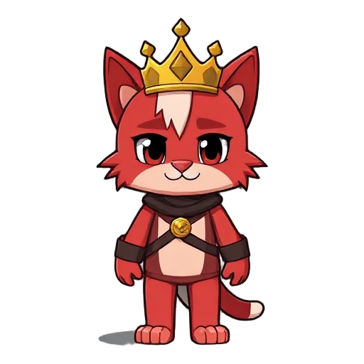 minecraft player that has a body of a cat, the top half of his face is red and the bottom half of his face is light red, he is wearing a golden crown
