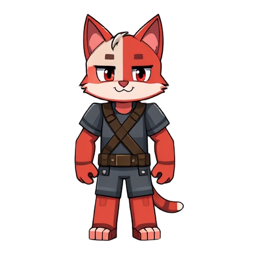 minecraft player that has a body of a cat, the top half of his face is red and the bottom half of his face is light red