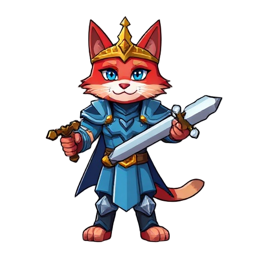 minecraft player that has a body of a cat, the top half of his face is red and the bottom half of his face is light red, he is wearing a golden crown and blue armor, he is wielding a sword