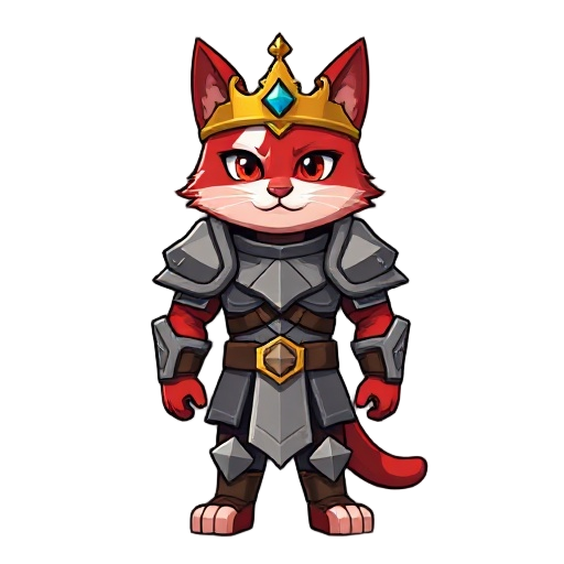 minecraft player that has a body of a cat, the top half of his face is red and the bottom half of his face is light red, he is in armor and wearing a golden crown with jewels on the crown