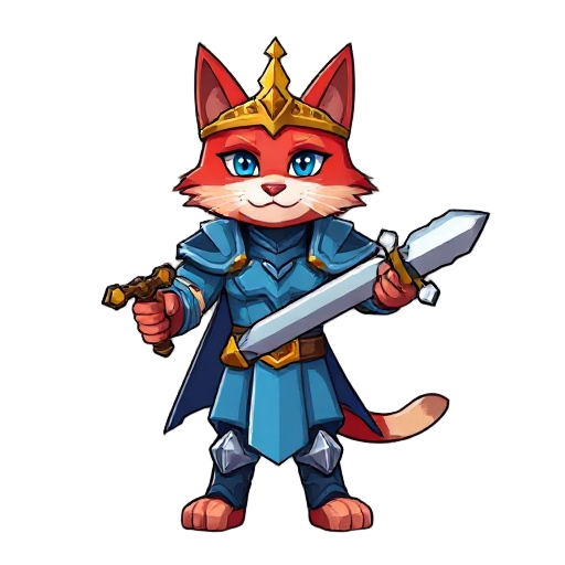 minecraft player that has a body of a cat, the top half of his face is red and the bottom half of his face is light red, he is wearing a golden crown and blue armor, he is wielding a sword