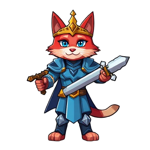 minecraft player that has a body of a cat, the top half of his face is red and the bottom half of his face is light red, he is wearing a golden crown and blue armor, he is wielding a sword
