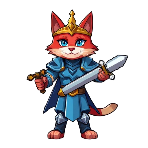 minecraft player that has a body of a cat, the top half of his face is red and the bottom half of his face is light red, he is wearing a golden crown and blue armor, he is wielding a sword