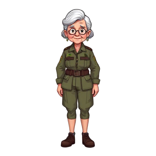 elderly woman in military clothing for platform game